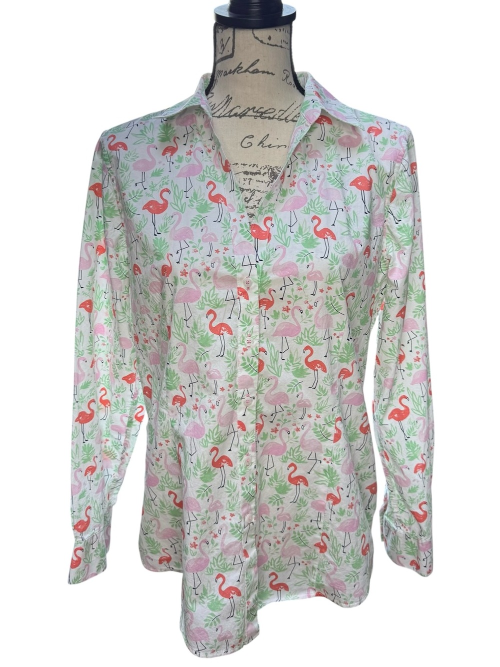 Brooks Brothers Pink & Coral Flamingo Print Button-Up Blouse